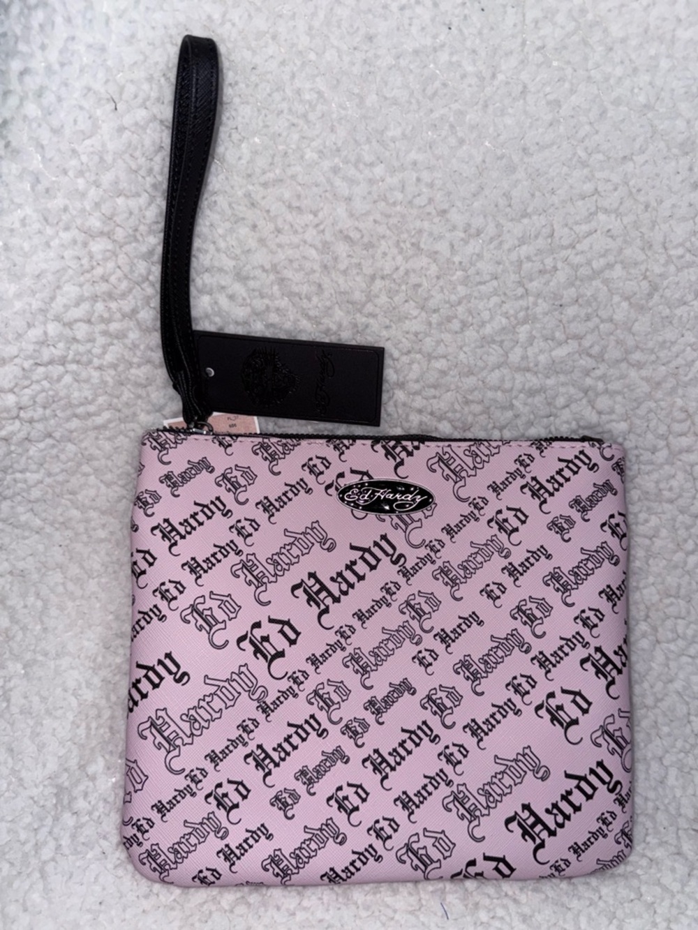 NWT Ed Hardy Light Pink Logo Print Wristlet with Black Strap